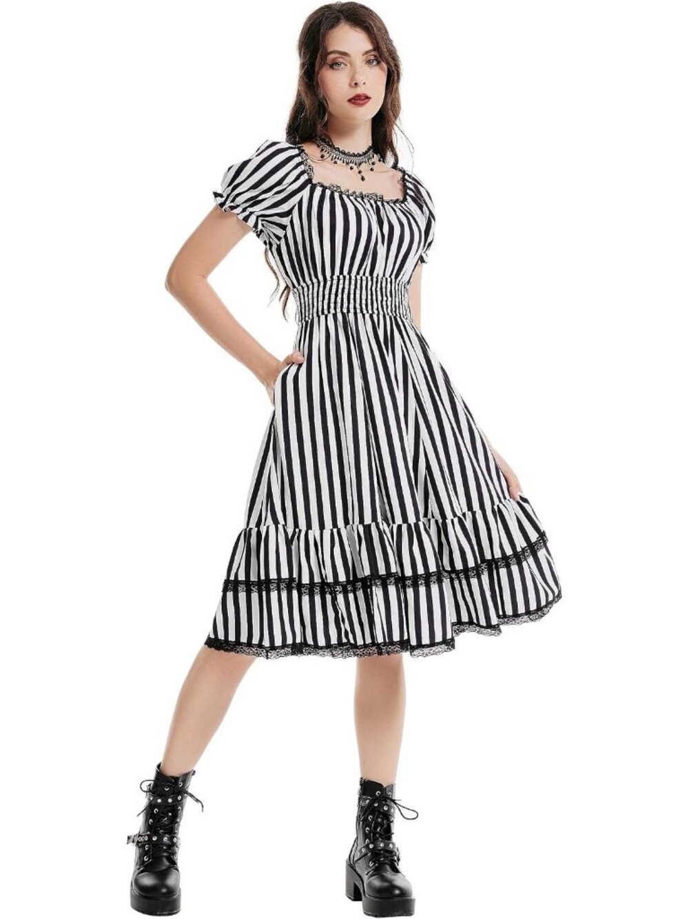 Scarlet Darkness Corset Dress for Women Summer Square Neck Dresses- Black White - Picture 2 of 6